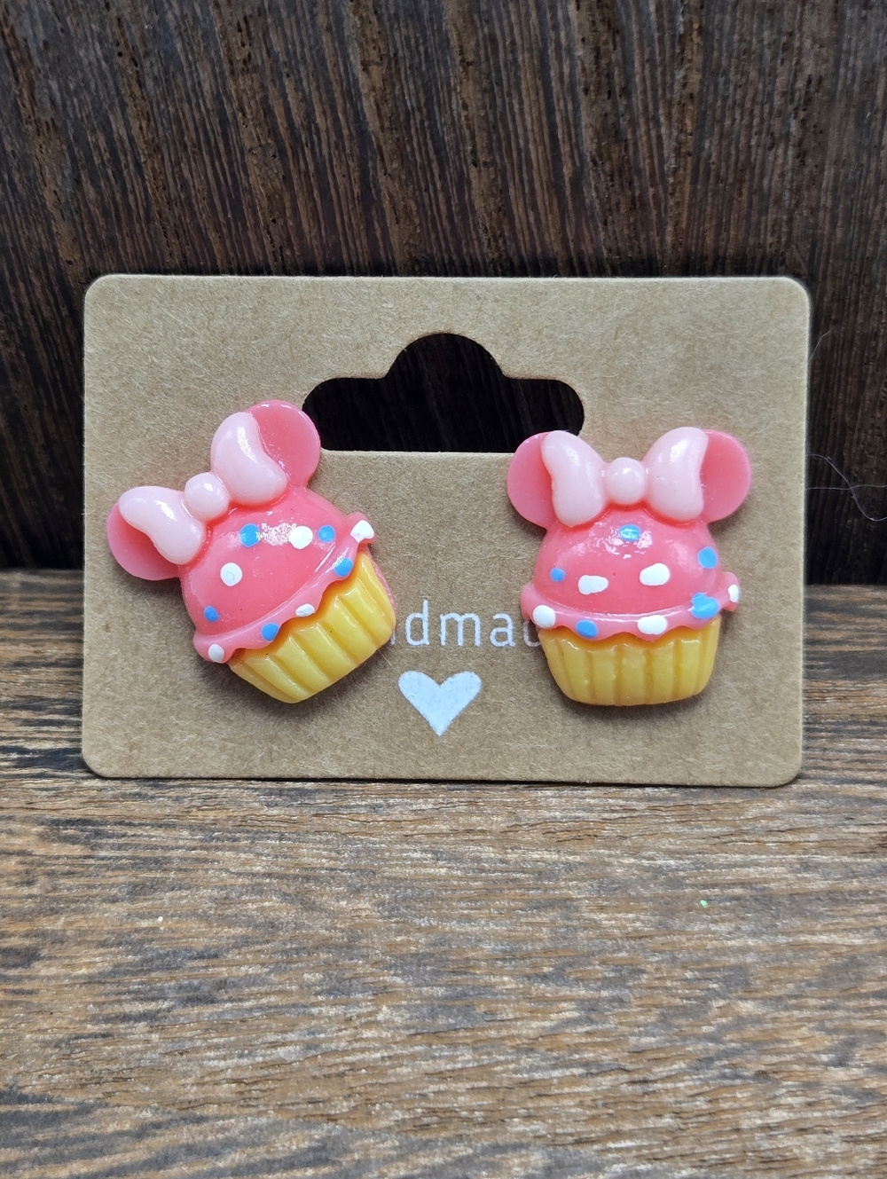 NWT Minnie Mouse Cupcake Earrings Pink Polka Dot Pierced Disney Stud Handmade